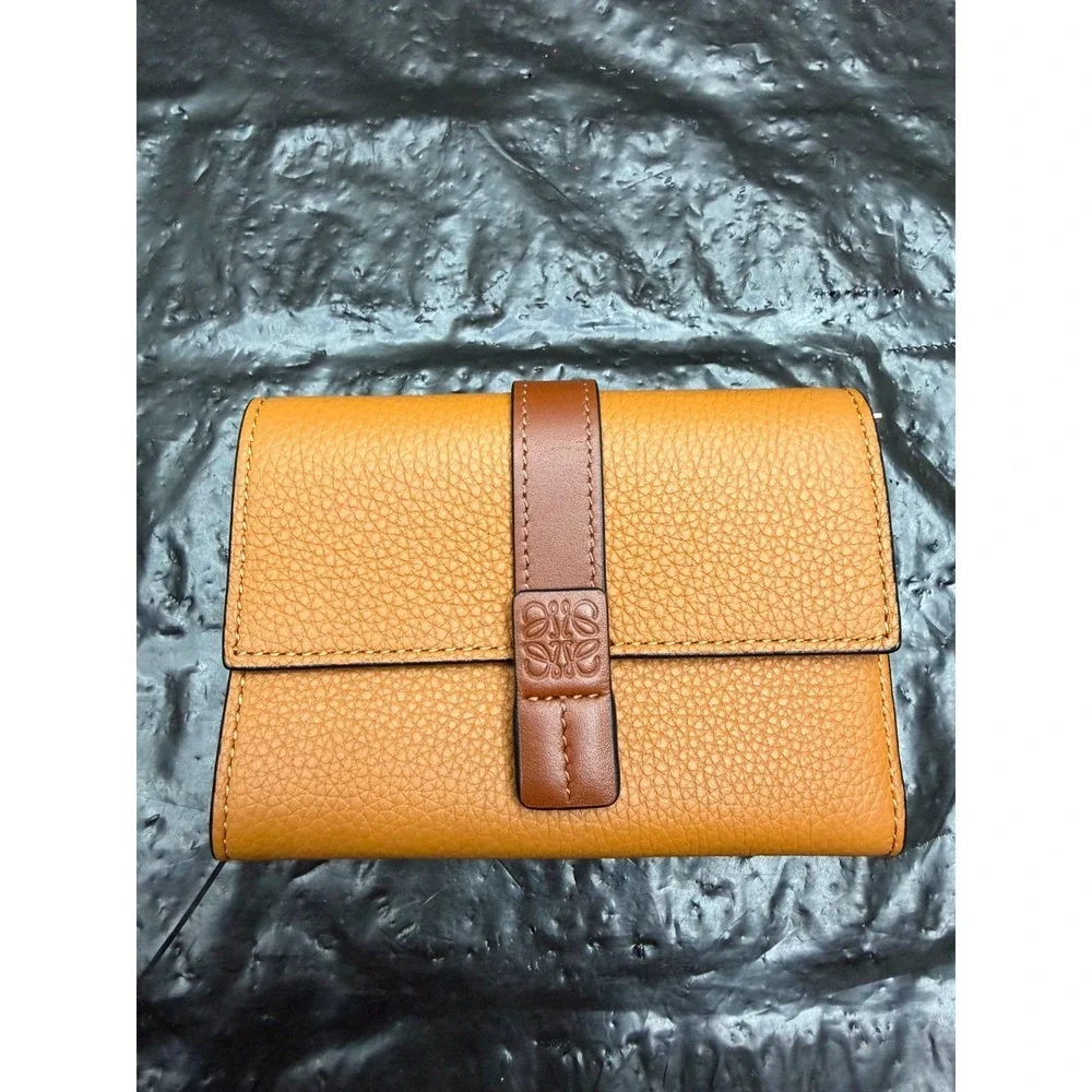 Loewe Soft Grained Calfskin Leather Small Vertical Trifold Wallet Toffee Tan